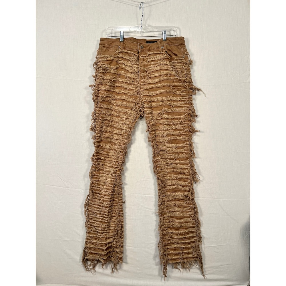 Rockstar Original Mens XL Tan Brown Heavily Distressed Frayed Stacked Jean 32x34